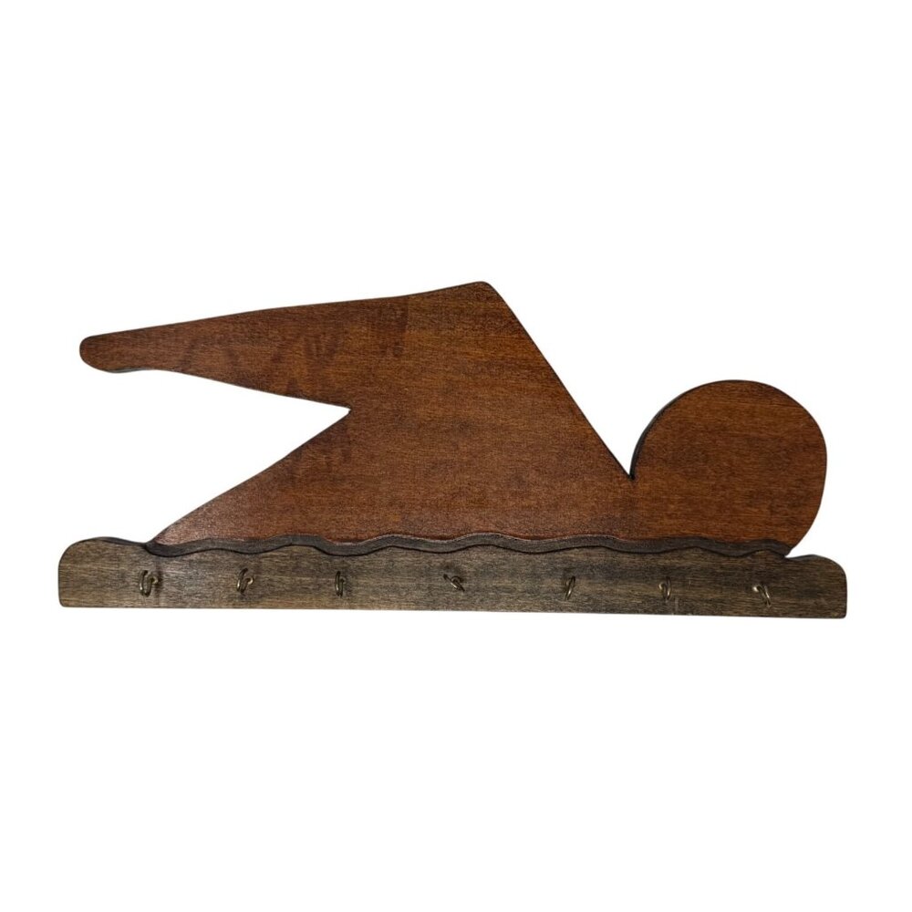 Vtg Wood Wall Hanging Key Holder Maximalist Décor Swimmer Swimming 17" x 7.25"
